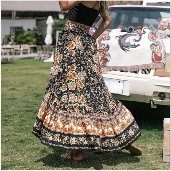 NEW! Boho Black Floral Paisley Ruffle Front Elastic Waist Maxi Skirt! - Picture 5 of 5